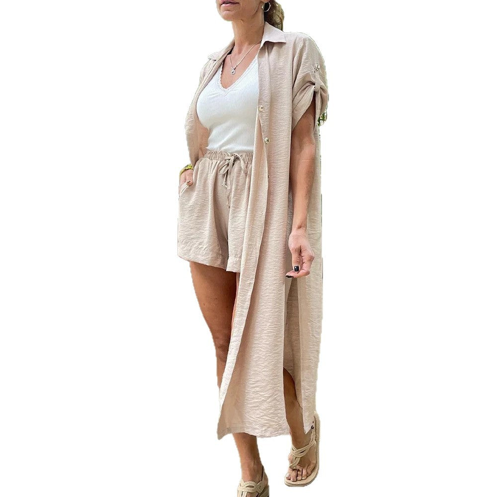Damen Zweiteiliges Leinenoptik-Set mit langem Duster-Überwurf und elastischer High-Waist-Shorts Drune