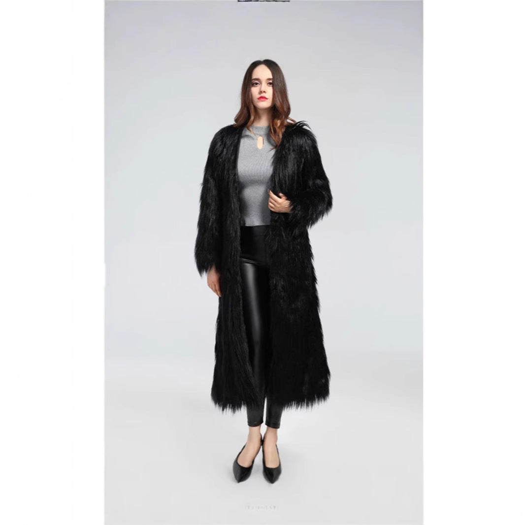 Damen extravaganter bodenlanger Hochflor-Faux-Fur-Mantel mit Schleppe und offenem Schnitt Drune