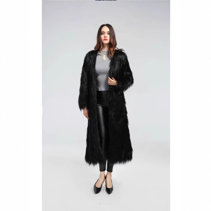 Damen extravaganter bodenlanger Hochflor-Faux-Fur-Mantel mit Schleppe und offenem Schnitt Drune