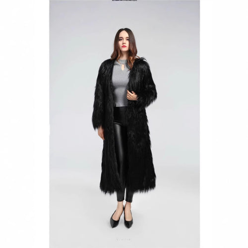 Damen extravaganter bodenlanger Hochflor-Faux-Fur-Mantel mit Schleppe und offenem Schnitt Drune