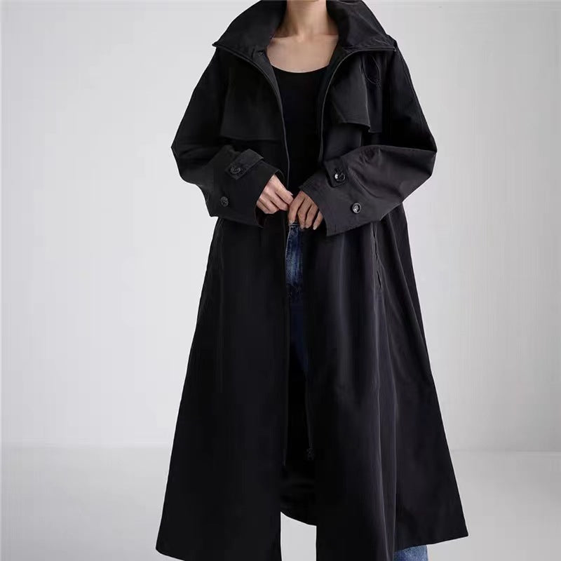 Damen Langer Oversize-Dustercoat mit Cape‑Passe, Tunnelzug‑Taillierung und hohem Stehkragen Drune