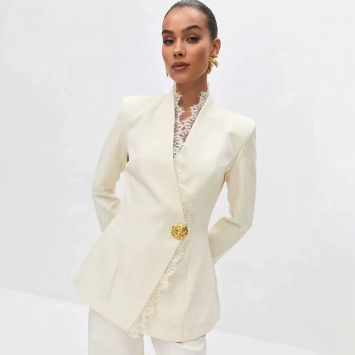 Damen Taillierter Blazer mit Spitzenbesatz und Zierknopf Drune