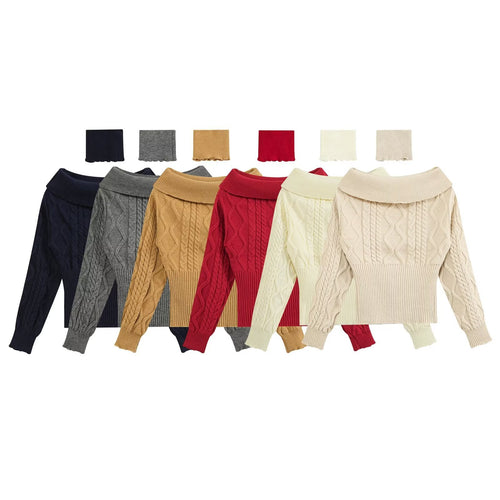 Damen Schulterfreier Zopfmuster-Pullover mit weitem Umschlagkragen Drune