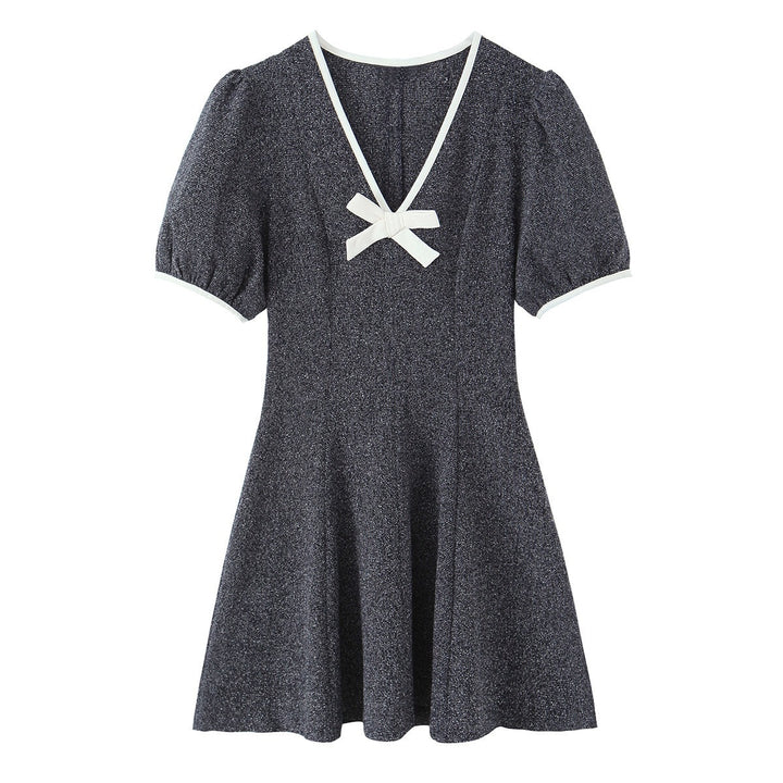 Damen Kurzarm Kleid mit eleganter Schleifenapplikation und V-Ausschnitt Drune