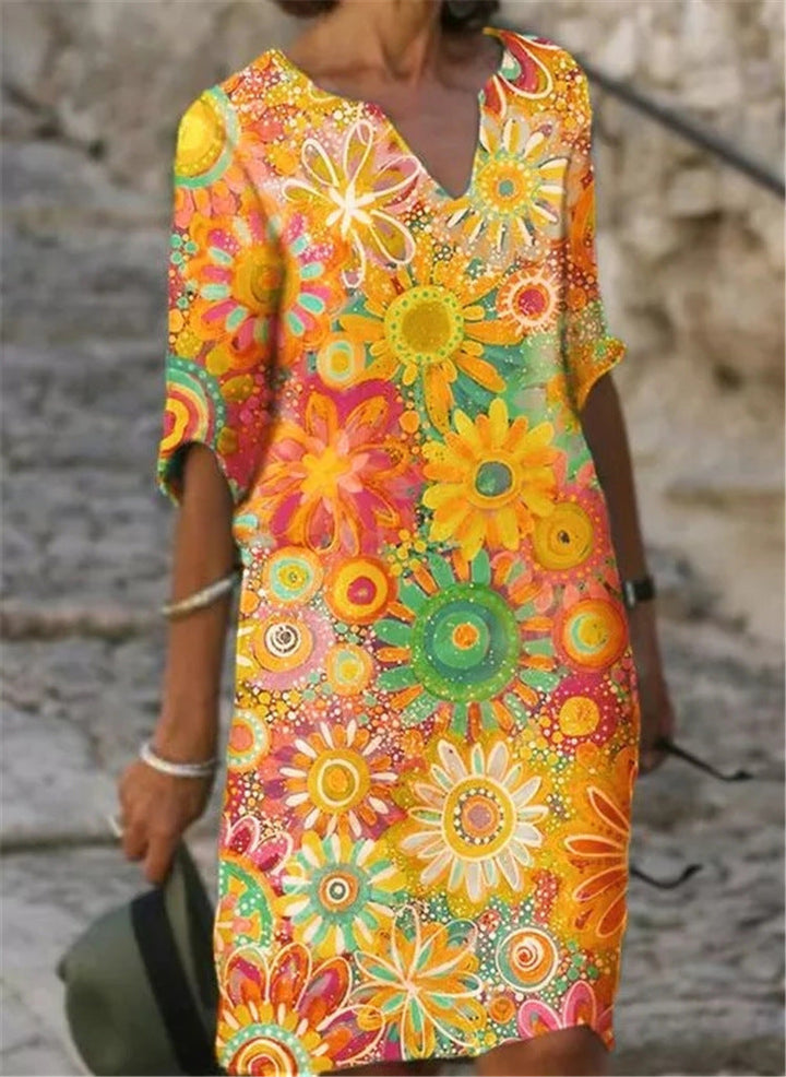 Damen lässiges Freizeitkleid mit floralen Mustern und V-Ausschnitt Drune