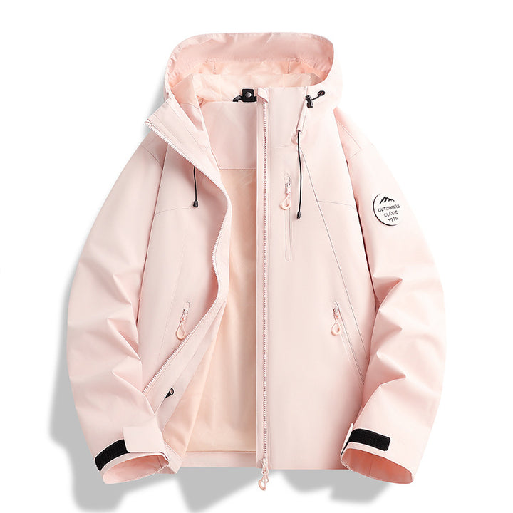 Damen Leichte wasserdichte Kapuzenjacke mit Teddy‑Charm und verdeckten Reißverschlusstaschen Drune