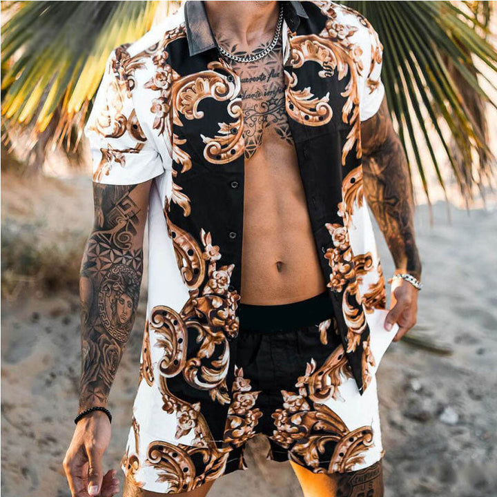 Herren nan barockgemustertes Kurzarm-Hemd mit passender locker geschnittener Shorts Drune
