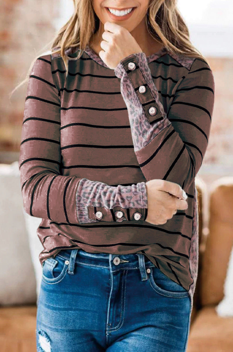 Damen Lässiges Streifen‑Langarmshirt mit Knopfmanschetten und Leo‑Kontrast Drune