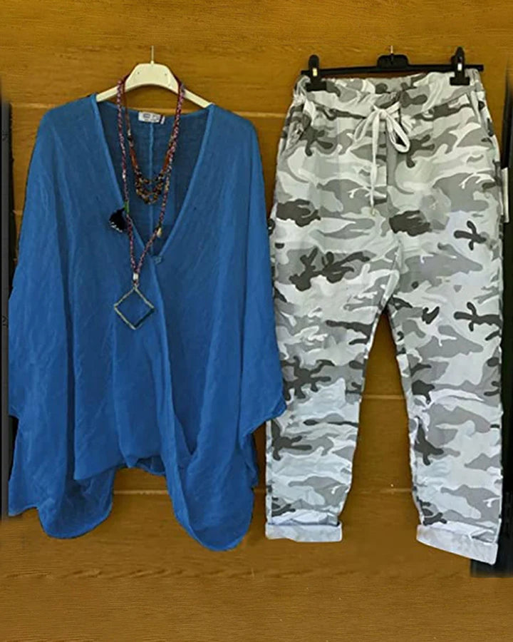 Damen nan Zweiteiler aus fließendem Kimono-Top und Camouflage-Jogginghose Drune