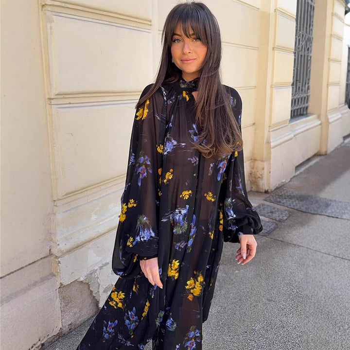 Damen Chiffon-Maxikleid mit Stehkragen, Keyhole-Ausschnitt & voluminösen Ballonärmeln Drune
