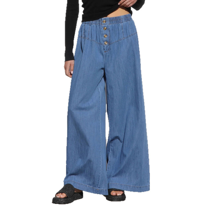 Damen nan weite Highwaist-Jeanshose mit elastischem Bund und dekorativer Knopfleiste Drune