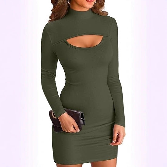 Damen figurbetontes Minikleid mit hochgeschlossenem Ausschnitt und Cut-Out Drune