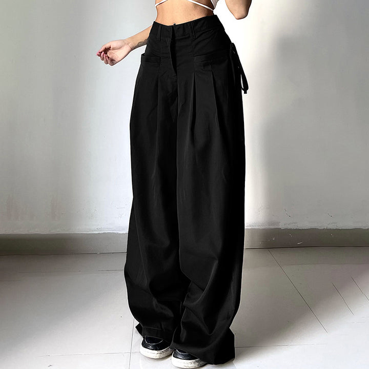 Damen nan hochtaillierte weite Bundfaltenhose mit Cargo‑Details, Gürtelschlaufen und geradem Beinschnitt Drune