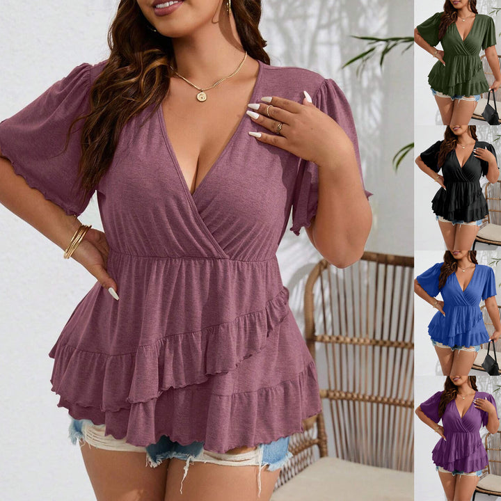 Damen Wickelshirt mit V-Ausschnitt, geraffter Taille und gestuften Volants Drune