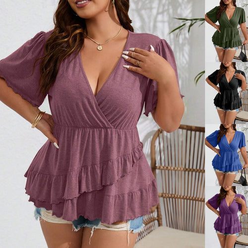 Damen Wickelshirt mit V-Ausschnitt, geraffter Taille und gestuften Volants Drune