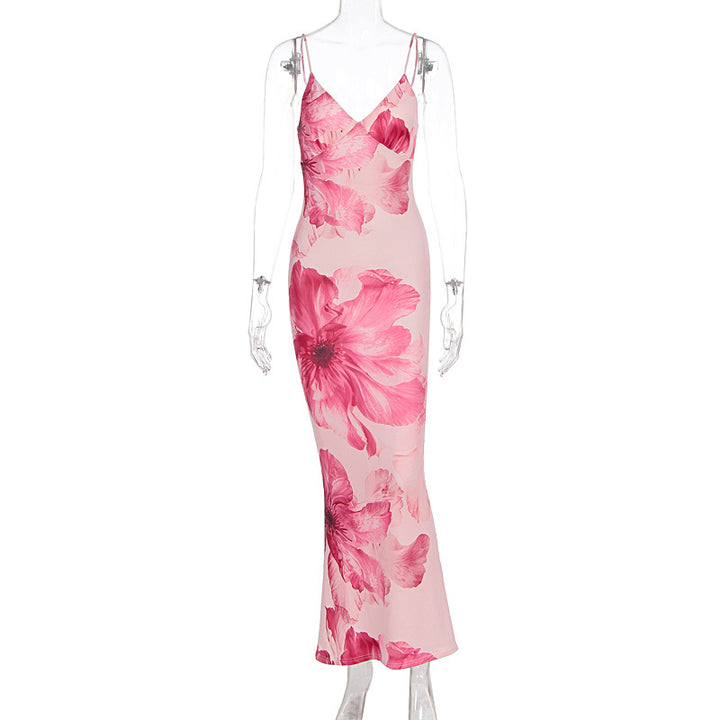 Damen Elegantes Blumenmaxikleid mit feinen Spaghettiträgern und figurbetontem Schnitt Drune