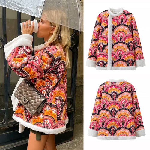 Damen modische Steppjacke mit farbenfrohem Muster und flauschigem Futter Drune