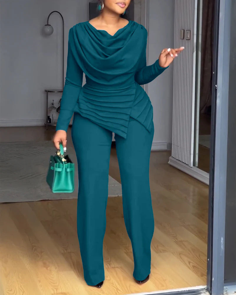 Damen Zweiteiliges Ensemble mit Wasserfall-Drapé-Oberteil, abgestuftem Peplum und gerader Bundfalten-Hose Drune