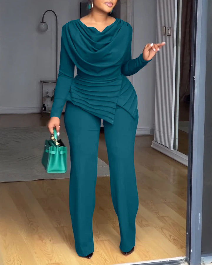 Damen Zweiteiliges Ensemble mit Wasserfall-Drapé-Oberteil, abgestuftem Peplum und gerader Bundfalten-Hose Drune