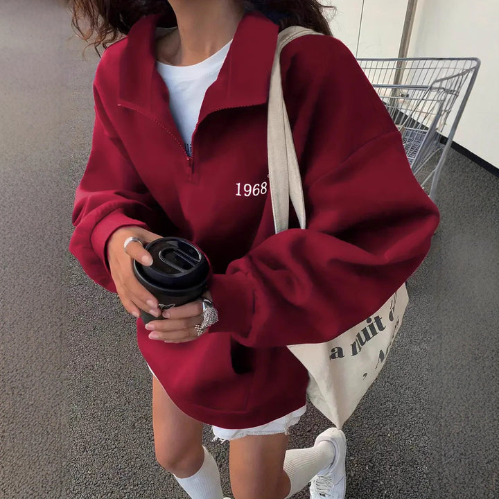 Damen oversized Hoodie mit kurzem Reißverschluss, hohem Stehkragen und Kängurutasche Minimalstick Drune