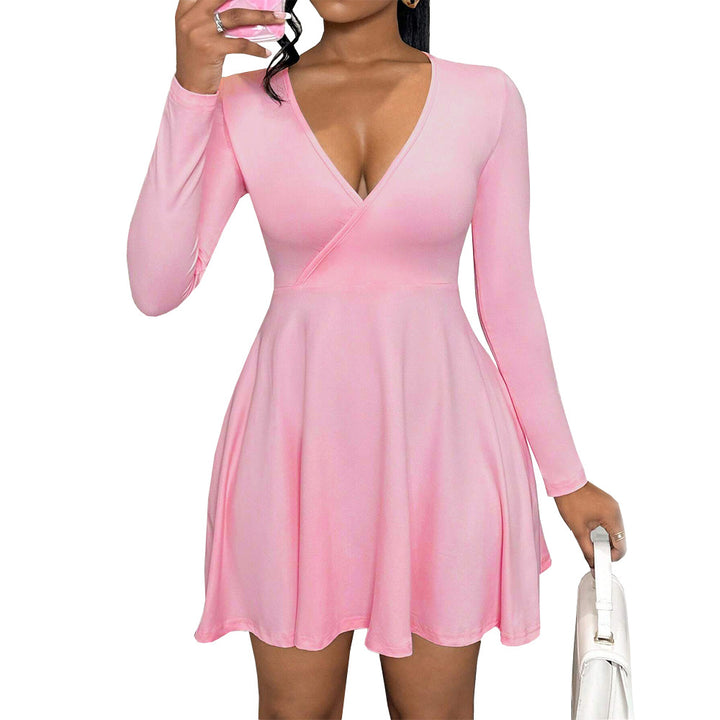 Damen Wickelkleid mit tiefem V-Ausschnitt und fließendem Rock Drune