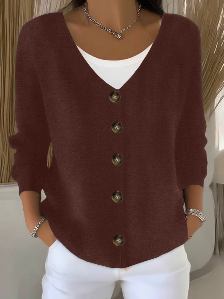 Damen Lockerer V-Ausschnitt Feinstrick-Cardigan mit Holzknopfleiste Drune