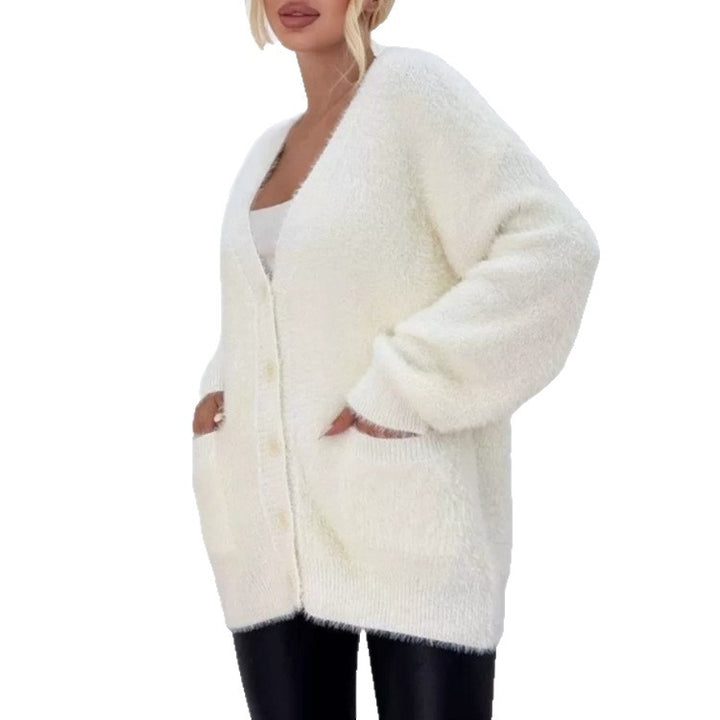 Damen Flauschiger Oversize-Knopfcardigan mit tiefem V‑Ausschnitt und aufgesetzten Taschen Drune