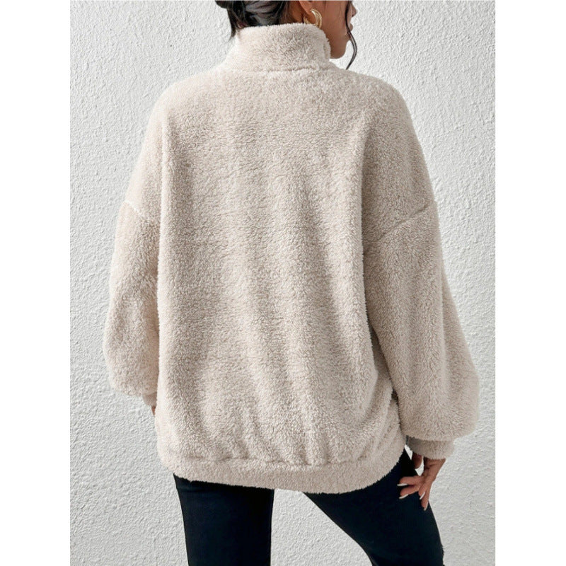 Damen Flauschiger Teddy-Pullover mit halbem Reißverschluss und Kängurutasche Drune