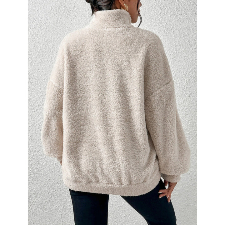 Damen Flauschiger Teddy-Pullover mit halbem Reißverschluss und Kängurutasche Drune