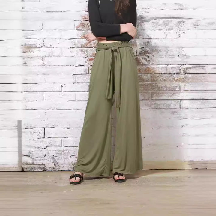 Damen Hochtaillierte Weite Palazzo-Hose mit Selbstbindendem Taillenbund und Seitentaschen Drune