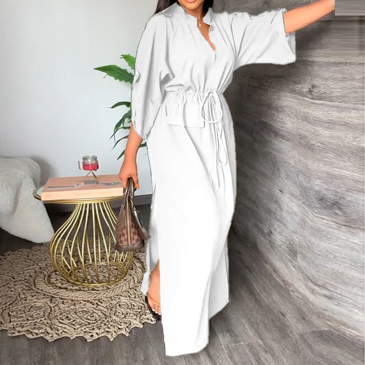 Damen Maxikleid mit Taillierung und offenem Kragen Drune