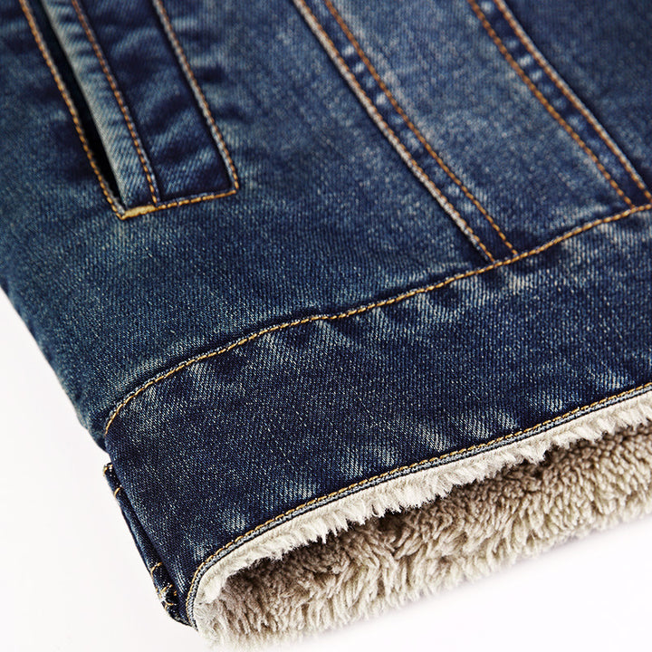 Herren Jeansjacke im Worker‑Look mit Stehkragen, Brustpattentaschen und Ziernähten Drune