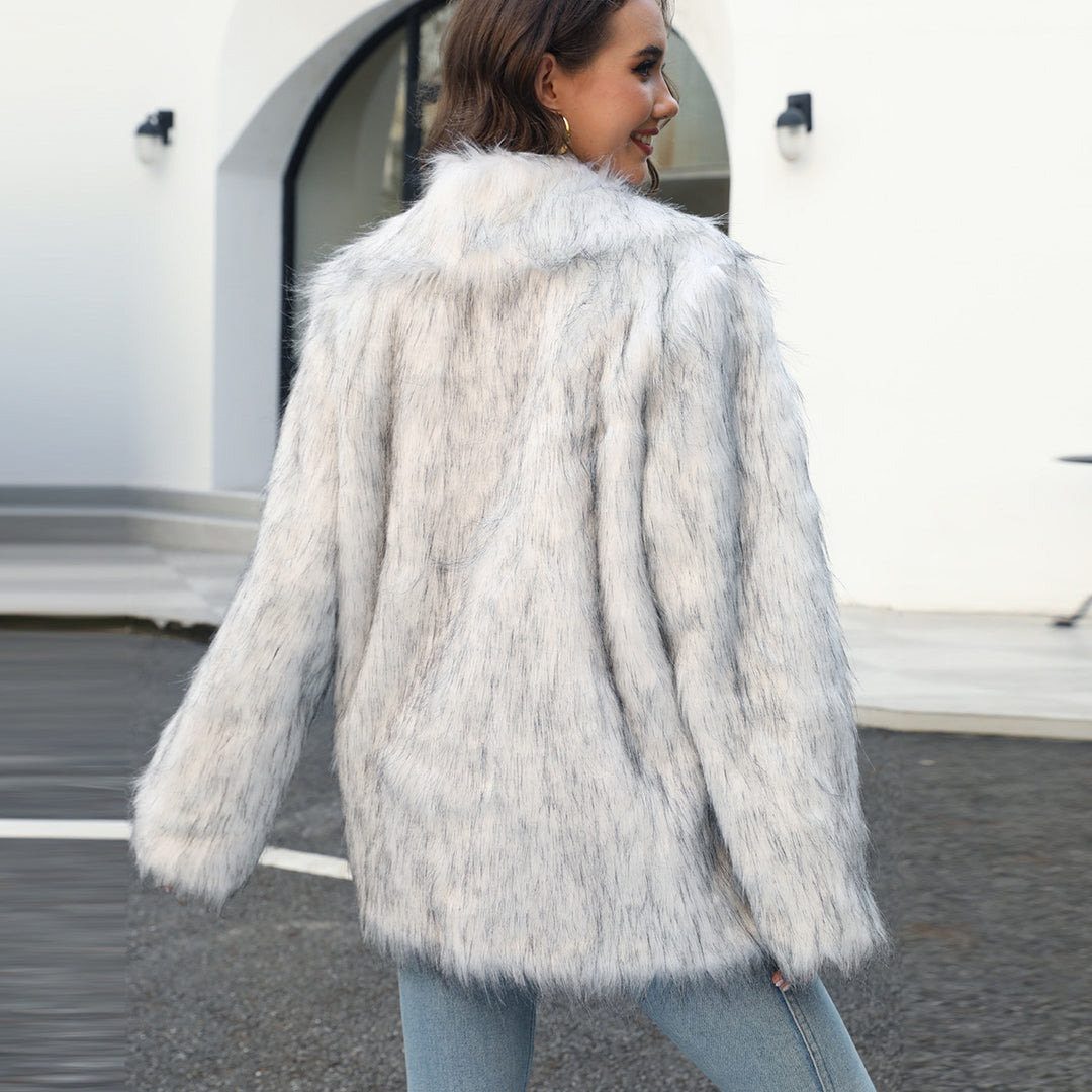 Damen Elegante Kunstpelzjacke mit breitem Revers und lockerer Passform Drune
