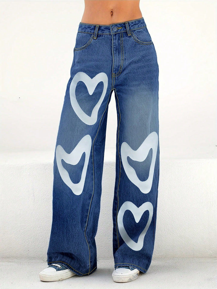 Damen High-Waist Wide-Leg-Jeanshose mit großflächigem Herz-Print Drune