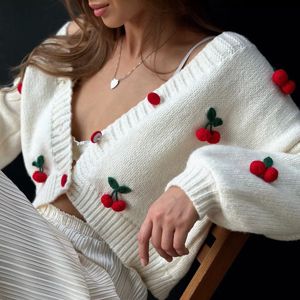 Damen Verspielter Strickcardigan mit Kirschapplikationen Drune