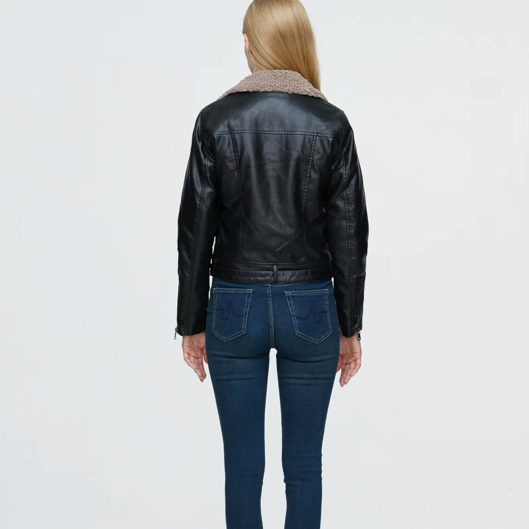 Damen stylische Lammfell-Bikerjacke mit doppeltem Reißverschluss und taillierbarem Gürtel Drune