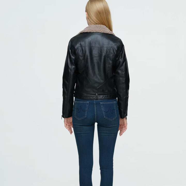 Damen stylische Lammfell-Bikerjacke mit doppeltem Reißverschluss und taillierbarem Gürtel Drune
