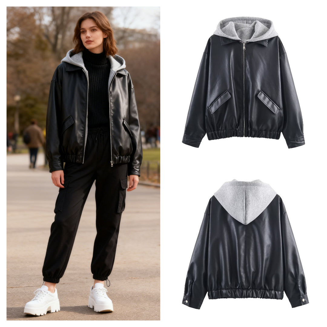 Damen Kunstleder-Bomberjacke mit abgesetzter Kapuze im Sweatstyle und elastischem Saum Drune