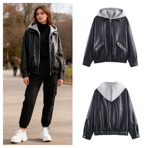 Damen Kunstleder-Bomberjacke mit abgesetzter Kapuze im Sweatstyle und elastischem Saum Drune