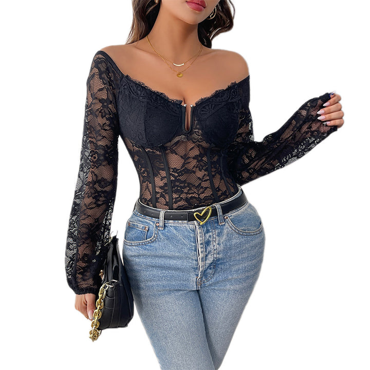 Damen Off-Shoulder Spitzen-Corsage-Body mit eingearbeiteten Stäbchen und transparenten Ärmeln Drune