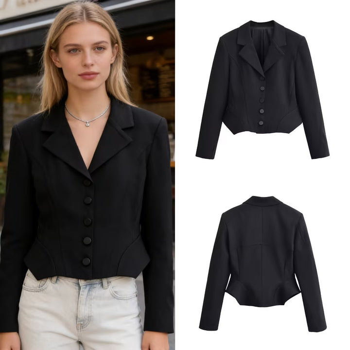 Damen Taillierter Cropped-Blazer mit Wiener Nähten und matt bezogenen Knöpfen Drune