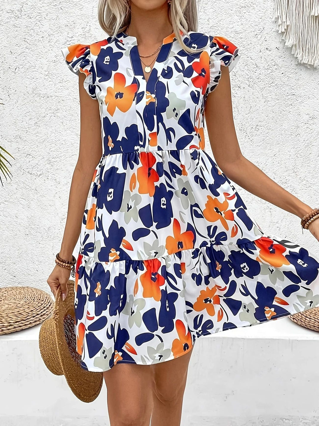 Damen Blusenkleid mit floralem Design und Rüschendetails Drune