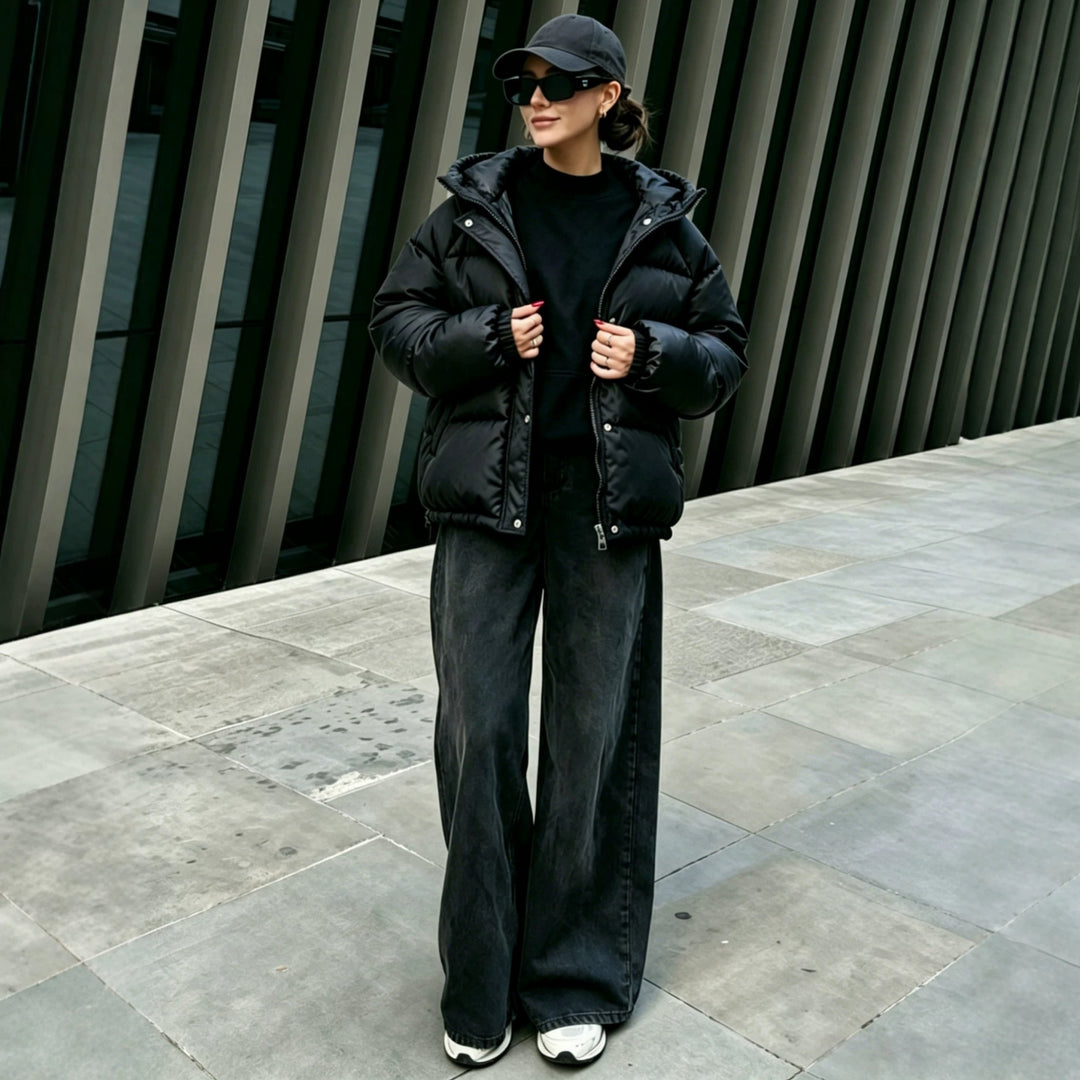 Damen Oversize-Steppmantel mit Kapuze, Druckknopfleiste und elastischem Saum Drune