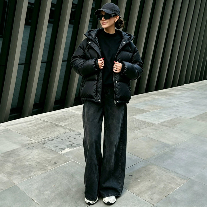 Damen Oversize-Steppmantel mit Kapuze, Druckknopfleiste und elastischem Saum Drune