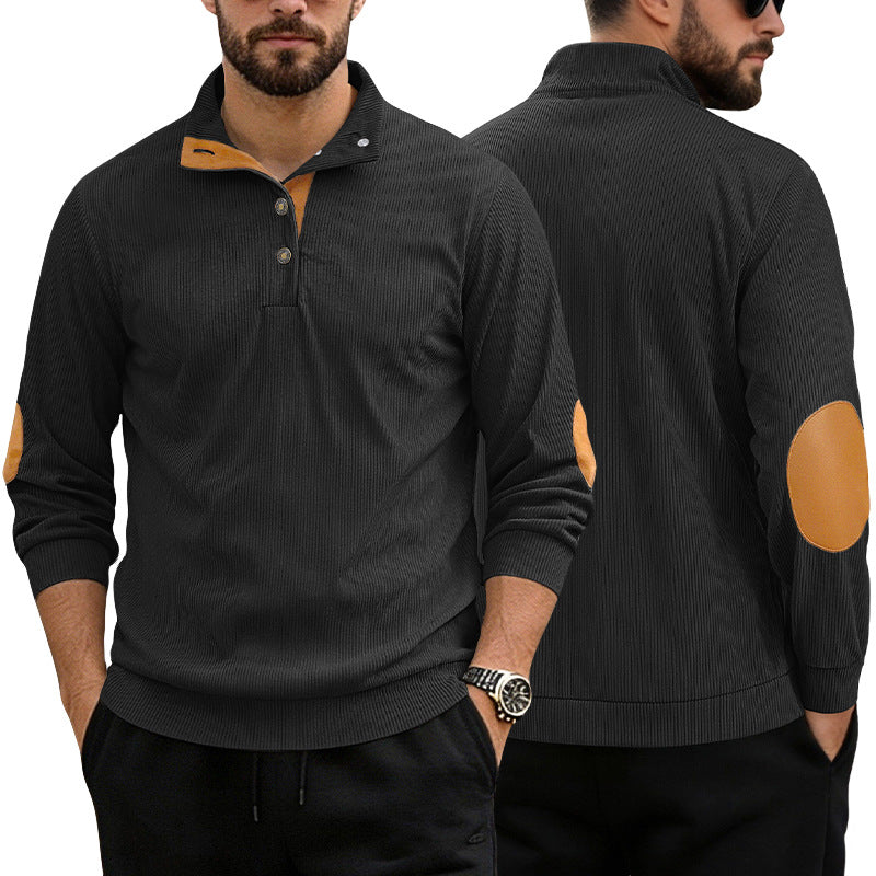 Herren nan lässiger Strukturpullover mit Polokragen, kurzer Knopfleiste und veganen Lederbesätzen Drune