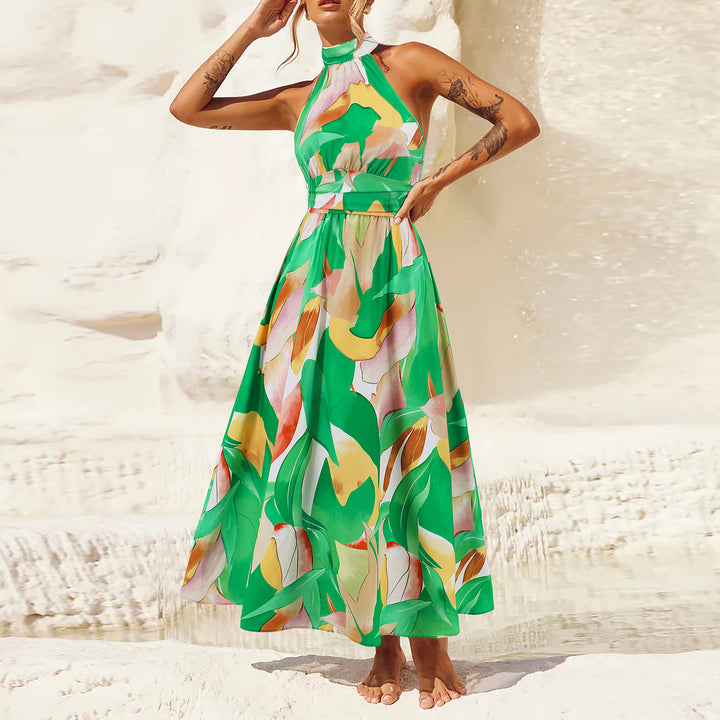 Damen Maxikleid mit hochgeschlossenem Kragen und buntem Blätterdruck Drune