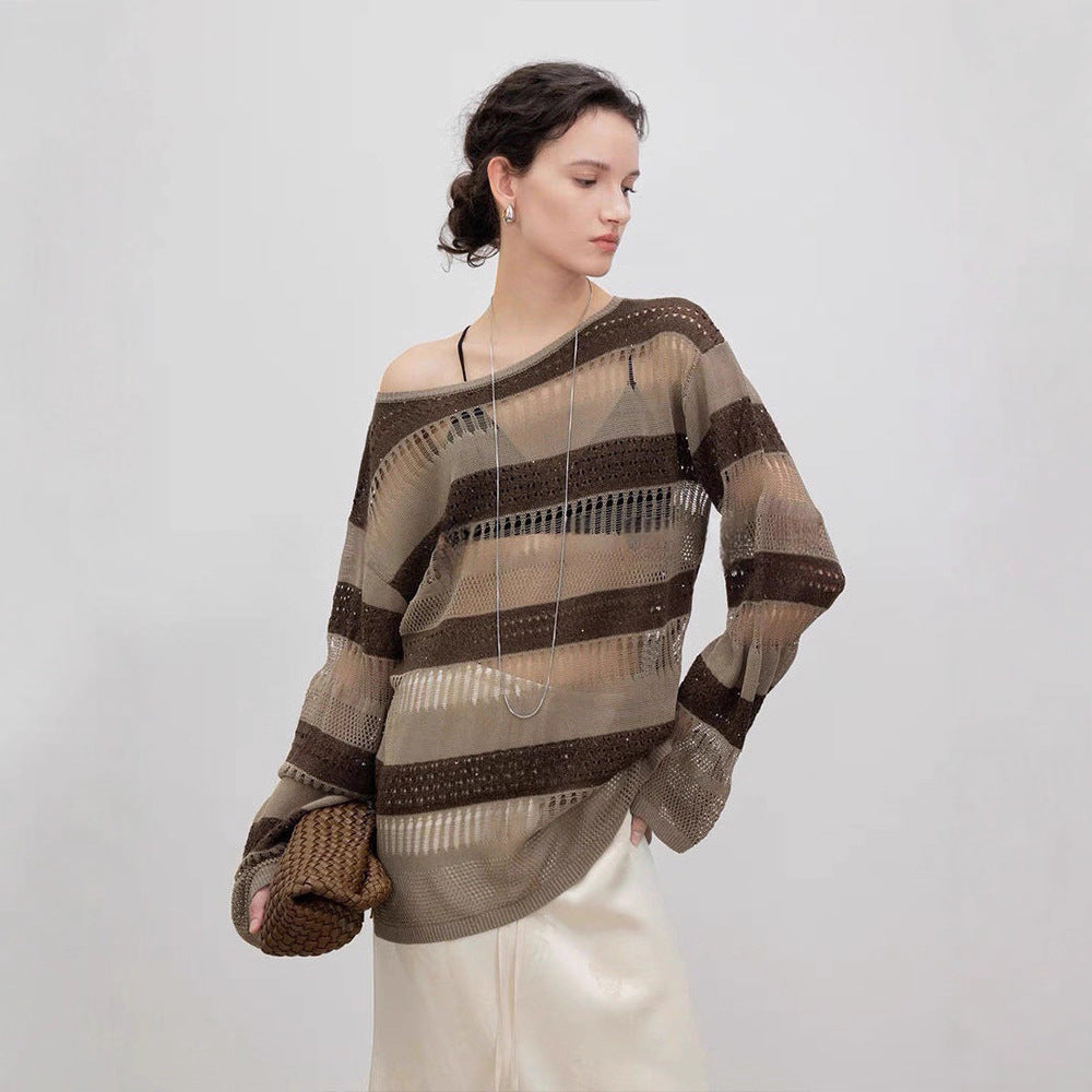 Damen luftiger Strickpulli mit trendy Lochmuster Drune