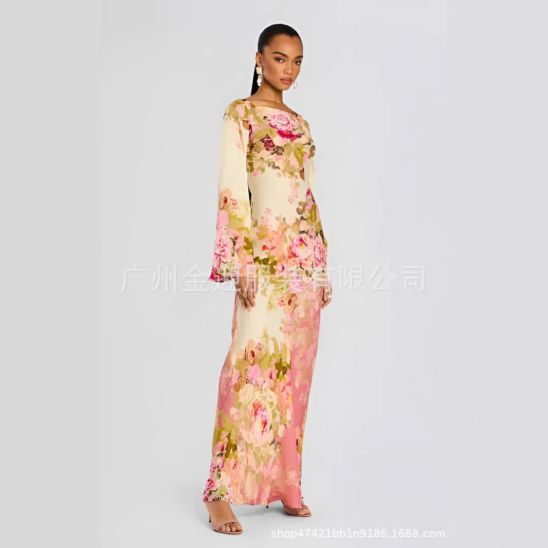 Frauen langen Abendkleid mit Trompetenärmeln und floralem Muster Drune