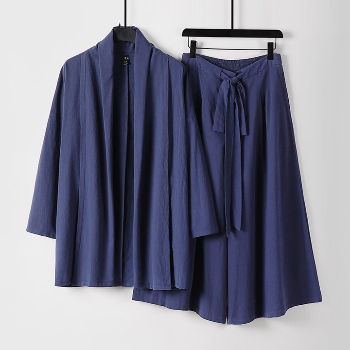 Damen Zweiteiliges Lounge-Set im Kimono-Stil mit offenem Schalkragen und weitem Palazzo-Hosenrock Drune