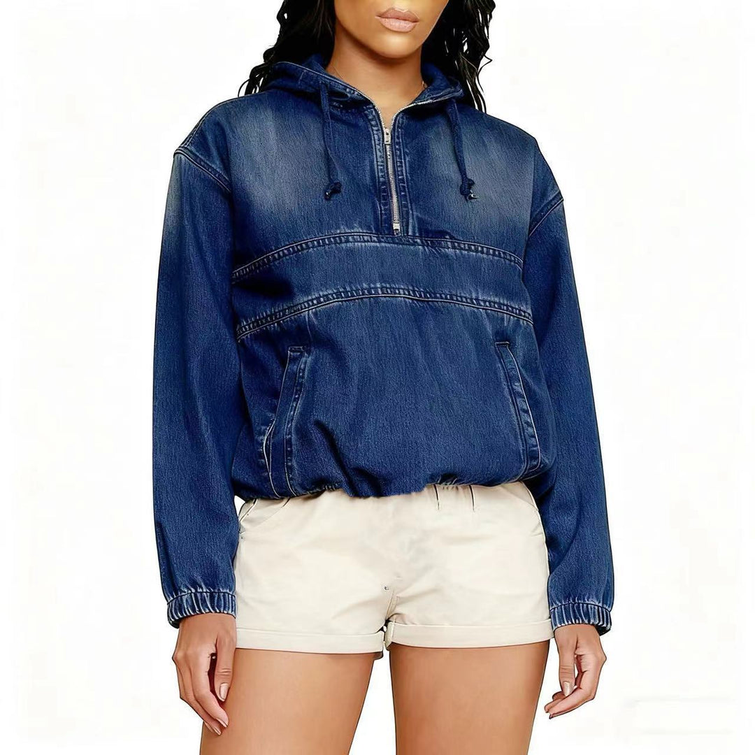 Damen Oversize Jeans-Hoodie mit halbem Reißverschluss, Kängurutasche und elastischem Saum Drune
